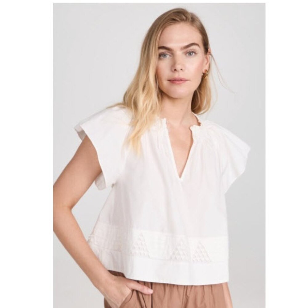 Apiece Apart Deia White Embroidered Blouse Smocked Cotton Top Size M